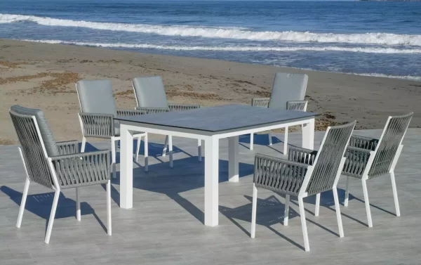 Mesa de comedor rectangular en aluminio blanco y tablero HPL Camelia