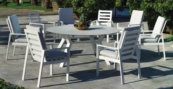Mesa de comedor redonda en aluminio blanco y tablero HPL Sumatra