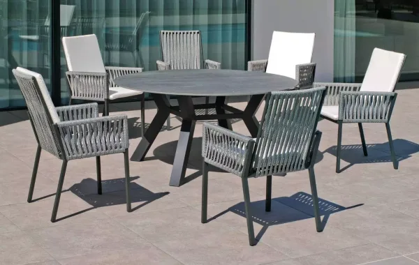 Set Mesa redonda de comedor en aluminio y tablero de Neolith modelo Veneto