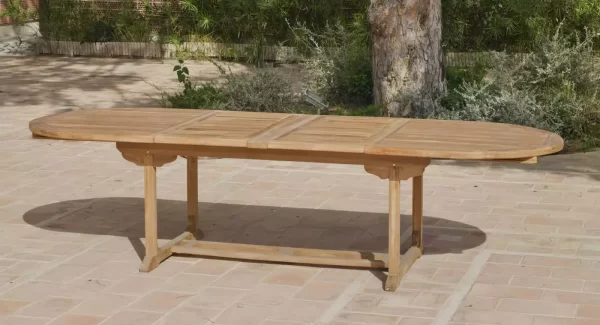 mesa ovalada extensible en madera de teka Amberes abierta