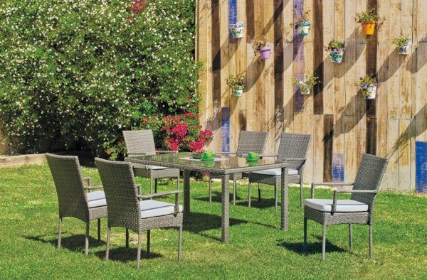 Mesa de comedor rectangular en ratán gris Mali